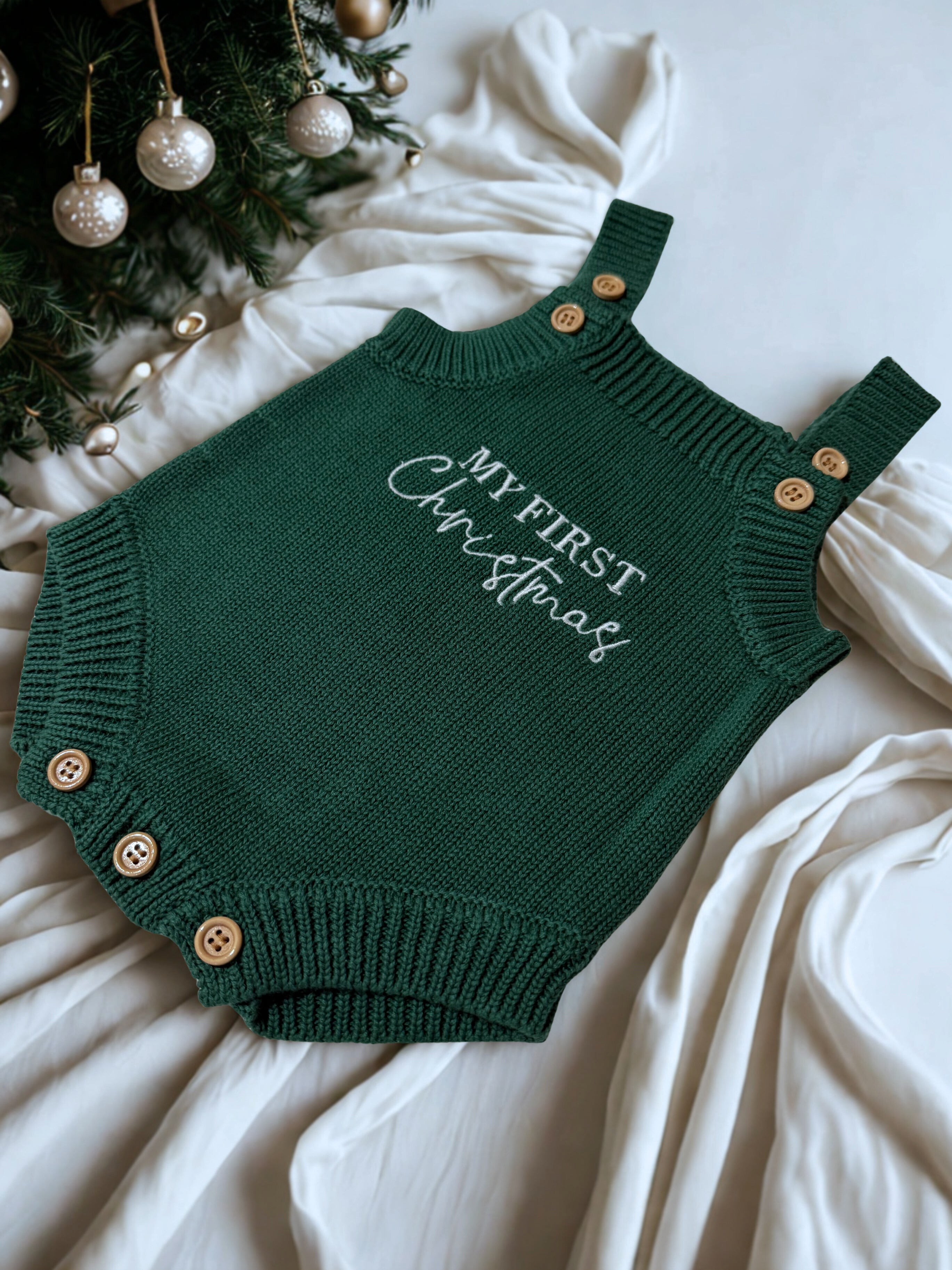 “My First Christmas” Knit Romper - Evergreen