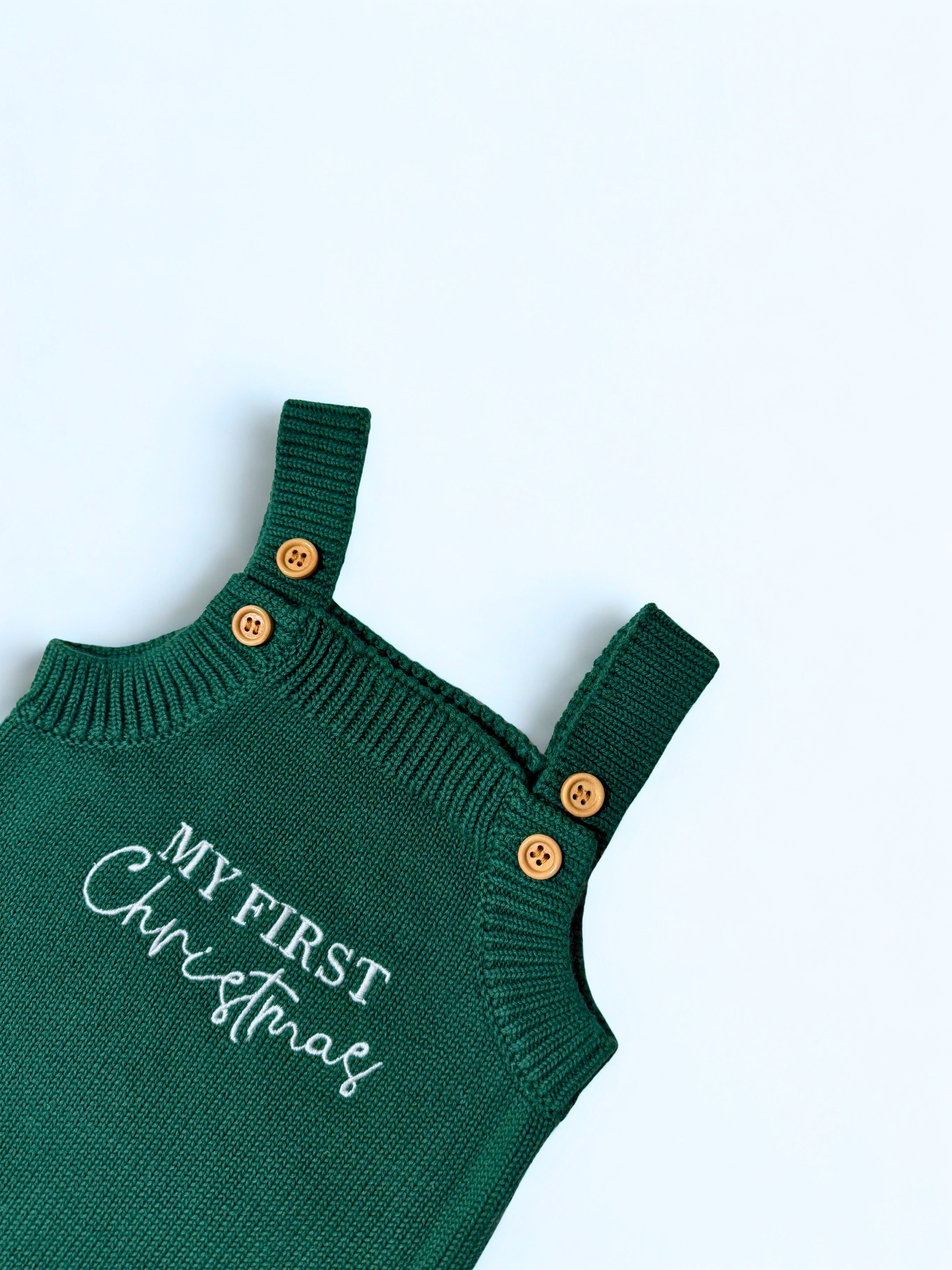 “My First Christmas” Knit Romper - Evergreen