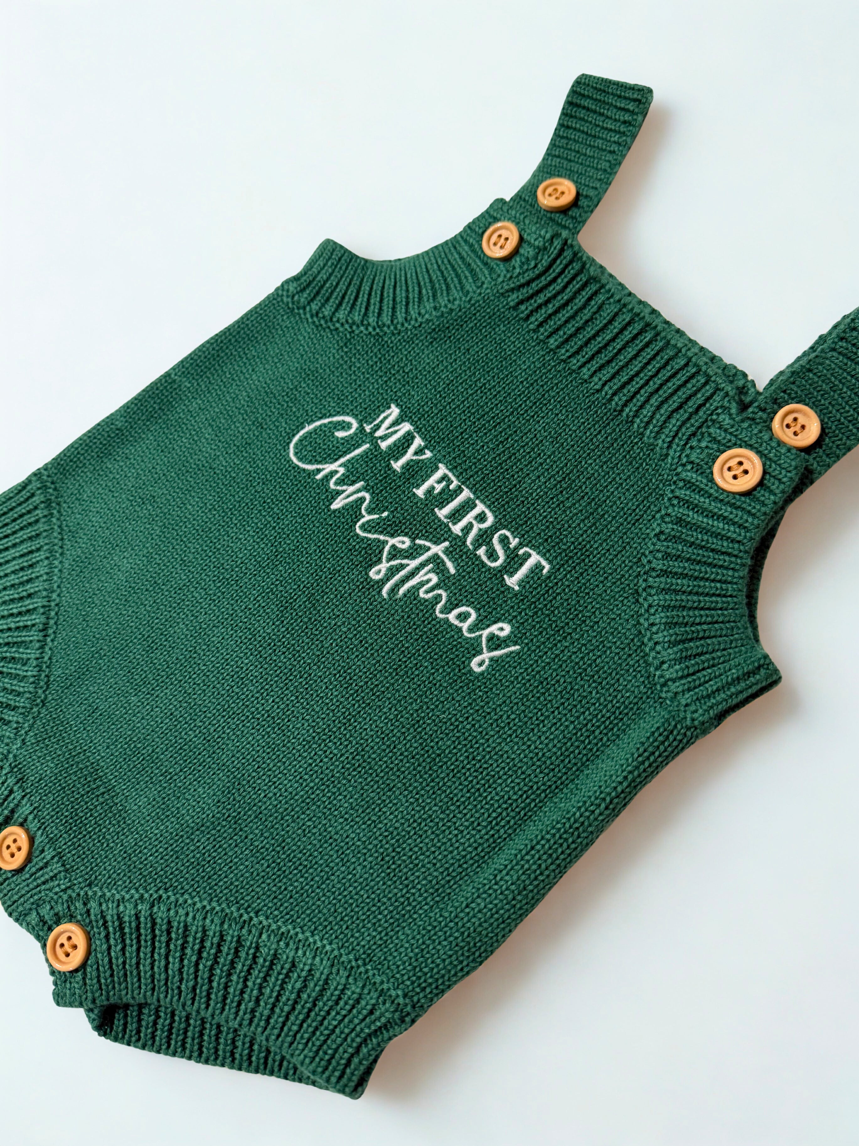 “My First Christmas” Knit Romper - Evergreen