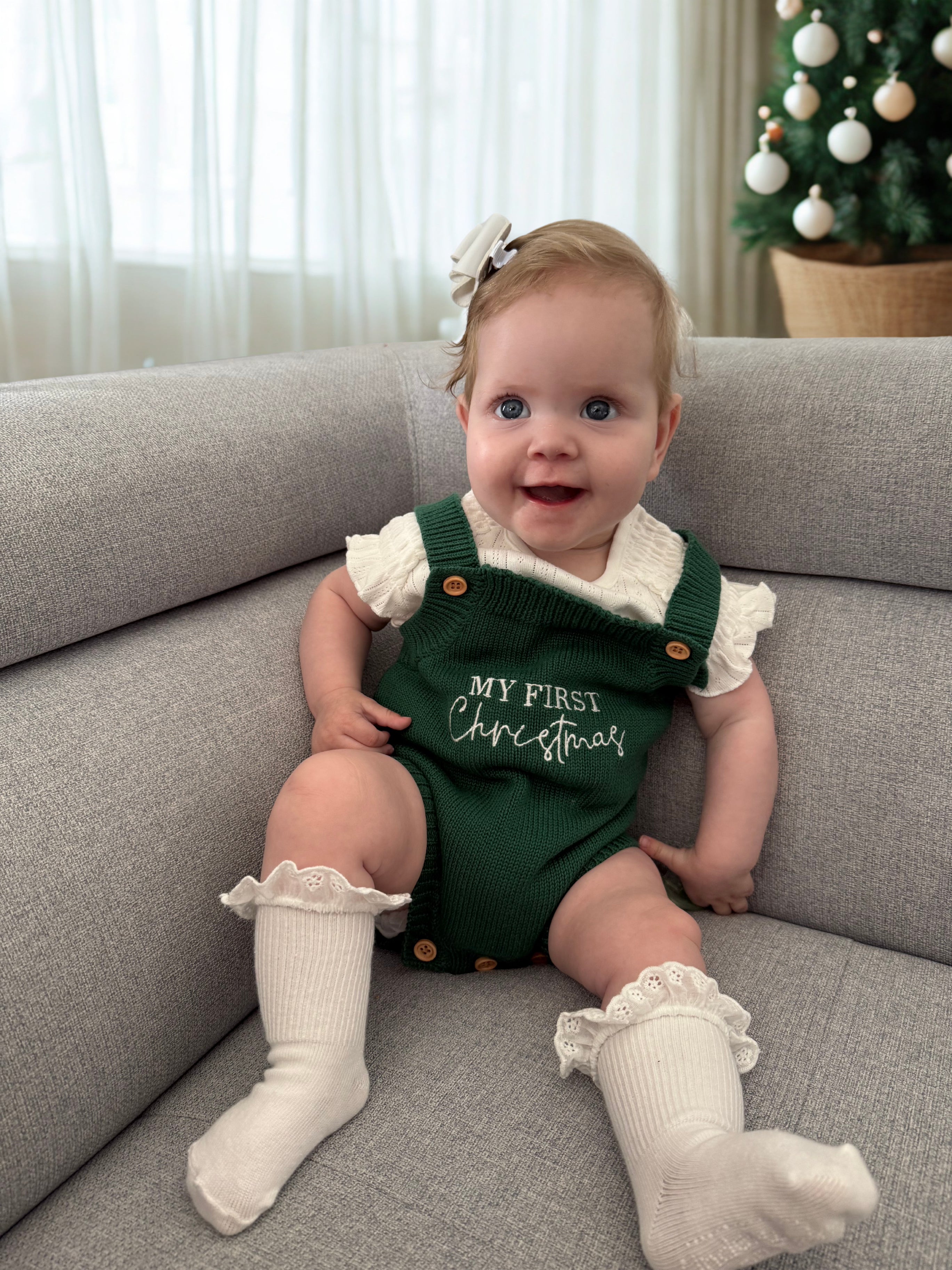 “My First Christmas” Knit Romper - Evergreen