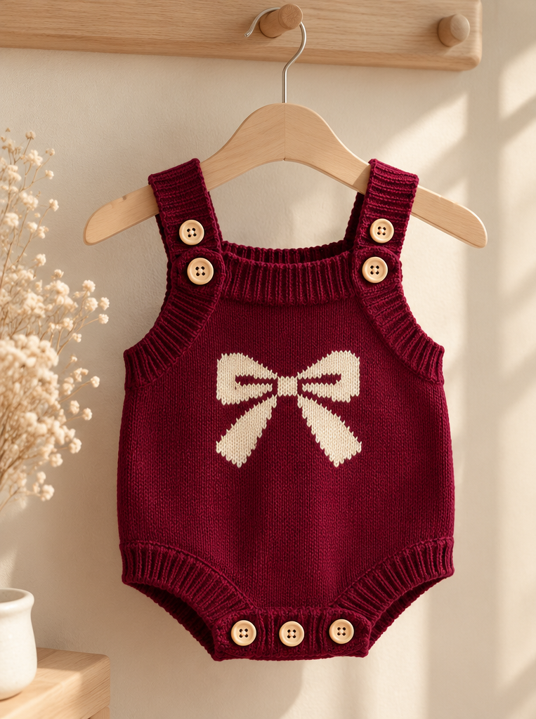 Cranberry Bow Jacquard Knit Romper